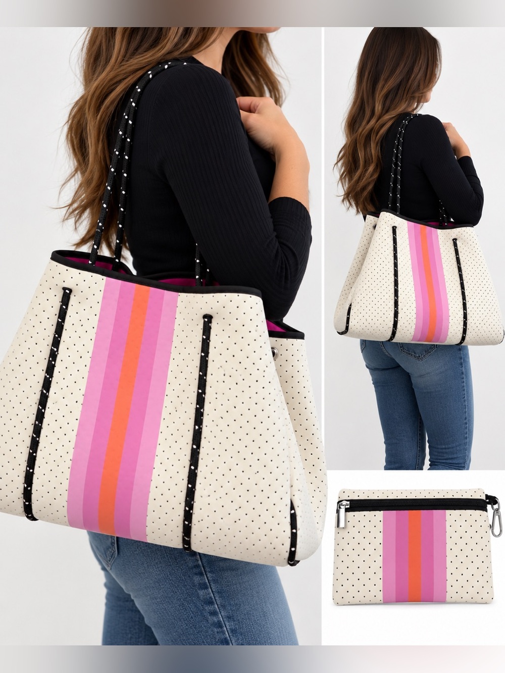 Parker & Hyde Perforated Tote Bag w/ Removable Zip Pouch White Pink Stripe